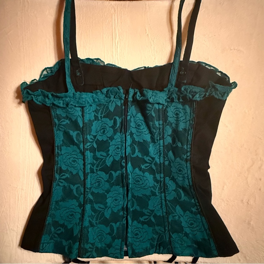 Vintage Y2K Hot Topic Emerald Black Lace Brocade Corset Bustier Top NWT Size L - Picture 2 of 10